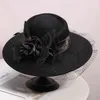 Skąpe brzegi czapki zasłona czarne kobiety zima fedora 100% australijskie wełniane czapki czapki żeńskie szerokie grzbiet feil hat dams bowknot dla kościelnych czapek 56-58cm 230603