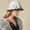 Stingy Brim Hats Flower Fedoras Hats For Winter Autumn Elegant British Ladies Wool Fisherman Cap Female Church Jazz Hat Luxury Party Felted Hats 230603