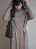 Casual Dresses Vintage Loose Thick Winter 2023 Turtleneck Knitting Tröja Midi Dress for Women Långärm spets maxi överdimensionerade kläder