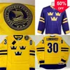 Mag Mit Heren #30 Henrik Lundqvist Handgeschilderde Zweden Jersey Geel Paars 100% Gestikt Borduurwerk s Hockey Jerseys