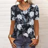 T-shirt da donna Bottoni da donna Scollo a V Moda stampa Manica corta T-shirt retrò Top Top casual Magliette oversize Roupas Para Mulheres