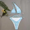 Maillot de bain femme bleu une épaule femmes Sexy coupe haute creux Bikini ensemble String maillot de bain brésilien robe d'été bretelles