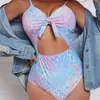 Maillots de bain pour femmes une pièce dames Bikinis attache nœud noeud découpe dos nu Sexy body maillot de bain 2023 été Push Up coloré