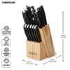 Farberware Juego de cuchillos de cocina con triple remache de 15 piezas con bloque de madera natural y asas negras