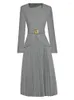 Abiti casual Janeyiren Fashion Catwalk Spring Dress Donna manica lunga con cintura patchwork grigio pieghettato
