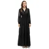 Robes décontractées pli col en V manches longues plissé taille haute drapé longueur de plancher noir élégant robe d'automne S - XXL