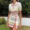 فساتين العمل Xasy Summer Women Vintage Stipe Set Set Cartoon Pictures Sweet Bullover Girl Slim Cute Slut