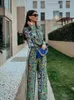 Women's Two Piece Pants Women's Vintage Green Floral Women Suits Long Sleeve Single Button Loose Shirts And High Wasit Wide Leg Boho