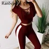 Tute da donna Tuta da donna 2020 Set con scollo a V Abbigliamento sportivo Ladies Striped Active Sport Taglia S-2XL Allenamento fitness Fasciatura Set da 2 pezzi T230605