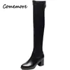 Stivali Comemore Stivali elastici in pelle da donna Stivali lunghi in peluche da donna Autunno Inverno Tacchi spessi Stivali sopra il ginocchio Slip on Knight Botas Z0605