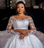 Illusie lange mouw koninklijke kerk trouwjurken luxe applique kant Afrikaanse Nigeriaanse Aso Ebi prinses bruidsjurk