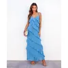 Ruffles cuello en V mujeres elegante Maxi vestido Sexy fiesta Club espalda descubierta 2023 verano sin mangas playa Bodycon vestidos