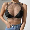 Kvinnors tankar Camis Sexig Shiny Rhinestone Fishnet Crop Top for Women Fashion Hollow Out Sleeveless Vest Nightclub Party Carnival Summer Camisole T230605
