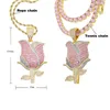 Catene 2023 Fashion Gold Color Pink Pinky Iced Out Bling Uomo Donna Micro Pave 5A Cubic Zirconia Rose Flower Collane con ciondolo Gioielli