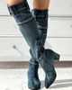 Laarzen Zak Ontwerp Vrouwen Knie Hoge Laarzen Denim Mode Zip Puntschoen Hakken Chunky Casual Laarzen Herfst Schoenen Z0605