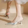 Sandaler lyxiga kvinnor sexiga höga klackar skor spetsiga tå märke pumpar 2023 sommarstilettos slingback tofflor glider