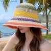 Beach Hat Woman Sun Str Handmade Rainbow Striped Crochet Beach BOHO Bucket Hat Beach Hat Crochet Hat L230523