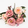 Fleurs décoratives 30 cm Rose Rose Soie Pivoine Bouquet Artificiel 5 Grosse Tête Et 4 Bourgeons Haute Qualité Faux Pour La Maison De Mariage Décoration