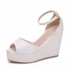 Witte Zomer Sandalen Bruidsschoenen Voor Bruiloft Sexy Open Teen Enkelband Platform Hoge Hakken Wedge Sandalen Partij Trouwjurk Dames Schoenen CL2373