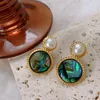 Dangle Earrings Green Oil Painting Dazzling Natural Pearl Women's Niche Design High-end Luxury Vintage Stud