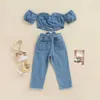 Kledingsets Girls Set Set Kinderen passen bij kinderen uit schouder Korte mouw Crop Tops en gescheurde jeansmode