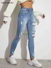 Kvinnors jeans ljusblå sexig mager kvinnor jeans stretch rumpa lift rippade hål denim byxor lady kläder flickor täta byxor y2k streetwear j230605