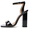 Sandals Women Summer Buckle Strap Square Head Basic Patent Leather 15CM Wedges Ankle Shoes Black