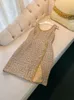 2023 Summer Gold Pärled Tweed Dress Sleeveless Round Neck Panel Split Short Casual Dresses A3L043319