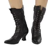 Botas Femininas Cosplay Casamento Vitoriana Botas Meia da panturrilha com cadarço Salto Gatinho Baixo Botas Bruxas Ocidentais Fantasia de Outono Sapatos Mulher Z0605