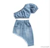 Ensembles de vêtements 1-5Y mode enfants enfants filles été solide Denim une épaule T-shirts hauts et tenues de jupe irrégulière