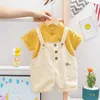 Kläderuppsättningar Personliga Baby Boys Summer Toddler Outfits Cartoon Single Breasted Short Sleeve Shirts and Overalls Kids Suits