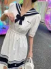 Grundläggande casual klänningar Designer 2023 Spring/Summer New College Style Navy Collar Bowknot Pentagram Bubble Sleeve Shirt Dress Vpix