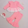 Clothing Sets 2 Pieces Kids Suit Set Toddler Lace Trim Round Neck Long Sleeve Tops and Solid Color Flared Trousers for Girls 1-5 Years