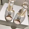 Mode Damen Sandalen Pumps Sacora 100 mm Strass Diamant verziert Italien Zarte Knöchel Clare Sling Fischmaul Designer Hochzeit Party Grobe Absätze Sandale Box EU 34-43