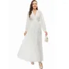 Casual Dresses V Neck Long Sleeve Ankle Length Pleated Elegant Maxi Dress Red/White S - 2XL