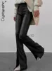 Kvinnor Pants Capris Cryptographic Chic Fashion Pu Leather High Rise Flare Pants Club Party Casual Sexy Split Pants For Women Byxor Pant Gothic J230605