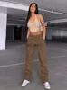 Damesbroek Capri Vintage Khaki Cargo Jeans met wijde pijpen Hoge taille Grote zakken Baggy spijkerbroek Casual oversized broek Street joggingbroek Iamhotty J230605