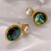 Dangle Earrings Green Oil Painting Dazzling Natural Pearl Women's Niche Design High-end Luxury Vintage Stud