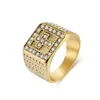 Titane Acier Plaqué Or 18K Croix Pleine Diamant Bague Hip Hop Personnalité Anneau