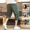 Pantalons pour hommes Shorts décontractés d'été pour hommes Coton et lin Style chinois à sept points Lâche à jambes larges Simple À la mode Solide