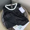 Zweiteiliges Kleid, zweiteiliges Designer-Set, Trainingsanzüge, Rock, schwarz, glänzend, glänzendes Pailletten-Kurzarm-T-Shirt und Paillettenhosen, sexy Partykleidung für Frauen BR0N