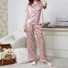 Dames Nachtkleding Jxgarb Lente Zomer Satijn Luipaard Korte Mouw Lange Broek Pyjama Sets Vest Sexy Ijs Zijde Lounge Set