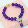 Lien Bracelets Original 10mm Pour Femmes Violet Jades Pierre Calcédoine Perles Rondes Or-couleur Cloisonné Entretoise Bijoux 7.5 pouces B2722