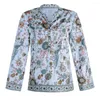 Женские блузок пуговицы шея рубашка блузя с длинным рукавом винтаж женщины топ свободный павлин цветочный принт ретро -женская одежда