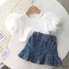 Set di abbigliamento T-shirt a maniche corte a bolle per bambini e gonna di jeans estate per bambini 2 pezzi set di abbigliamento