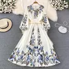 Casual Dresses SISHION Romantic Floral Print Pink Yellow Midi Long Dress Women Elegant Sleeve Lace Up Party Retro SR606