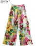 Pantalones de mujer Capris Zevity Mujeres Pintura de tinta vintage Estampado floral Pantalones de pierna ancha casuales Mujer Chic Cremallera Mosca Pantalones largos Pantnes Mujer P1840 J230605