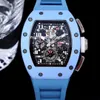 011-FM Automatyczny flyback Chronograph Mens Watch Baby Blue Ceramiczny szkielet szkielet szafirowy kryształowy luksusowy na rękę 2 kolory