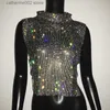 Women's Tanks Camis Sexy Rhinestone Backless Party Crop Top Women Glitter Turtleneck TShirt Adjustable Metal Chain Summer Nightculb Diamond Tank Top T230605