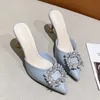 35-43 meter plus storlek kvinnor skor franska diamant fyrkantiga spänne baotou tofflor kvinnor bär tunn klack lata högklackade sandaler